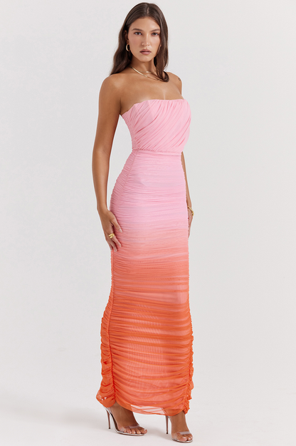 Strapless Ruched Mesh Ombre Gradient Pleated Bodice Maxi Dress