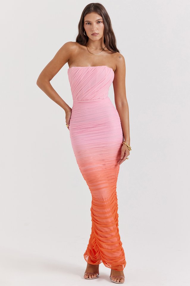 Strapless Ruched Mesh Ombre Gradient Pleated Bodice Maxi Dress