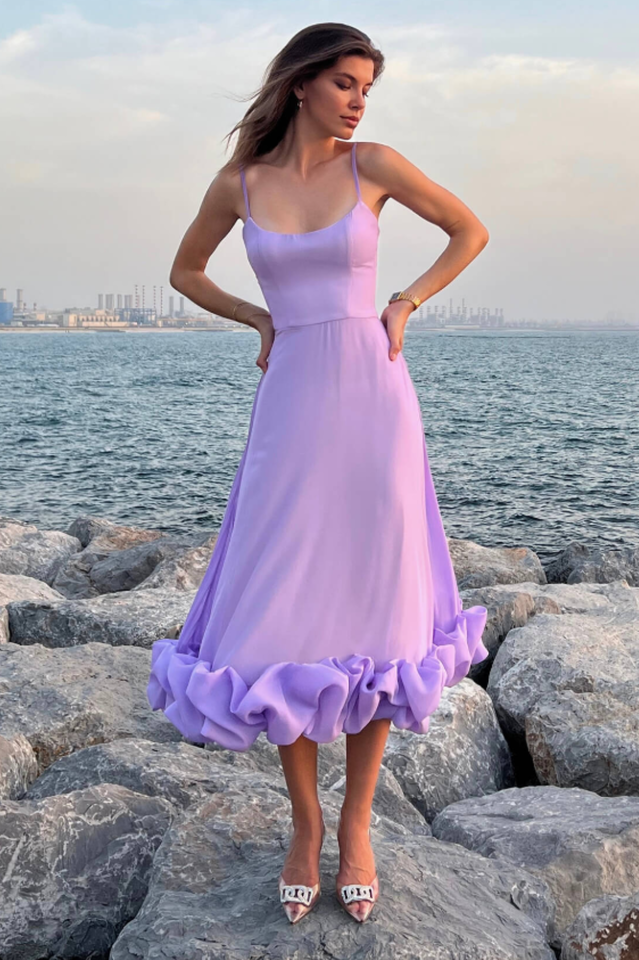 Corset Bustier Scoop Neck Spaghetti Strap Flounce Hem Midi Dress