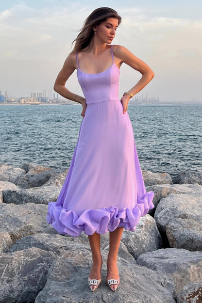 Corset Bustier Scoop Neck Spaghetti Strap Flounce Hem Midi Dress