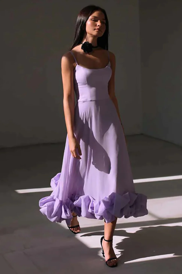 Corset Bustier Scoop Neck Spaghetti Strap Flounce Hem Midi Dress