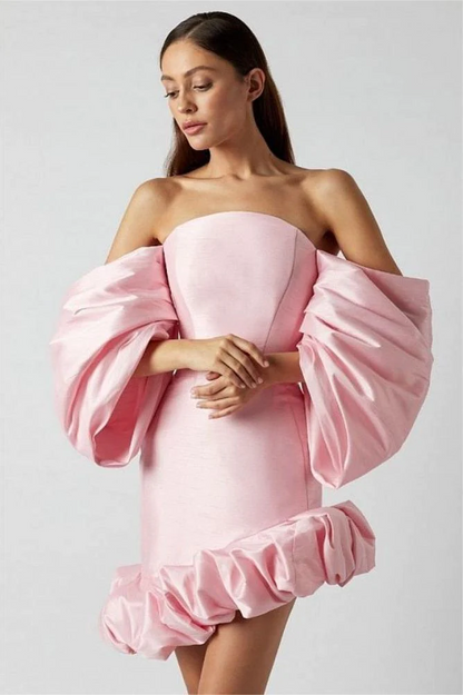 Off Shoulder Structured Bodice Exaggerated Puff Sleeve Ruffle Hem Mini Dress