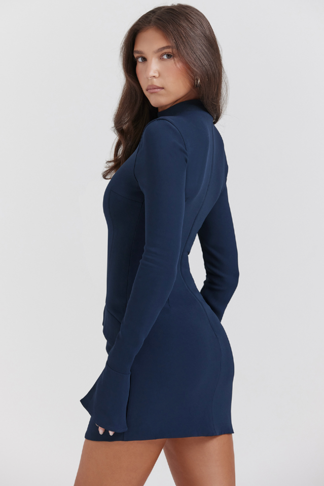 Mock Neck Flared Cuff Long Sleeve Peplum Flap Structured Bodycon Mini Dress