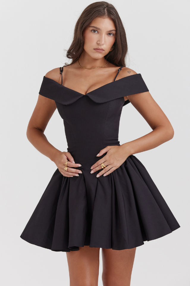 Off Shoulder Fold Over Collar Spaghetti Strap Pleated Fit and Flare Mini Dress