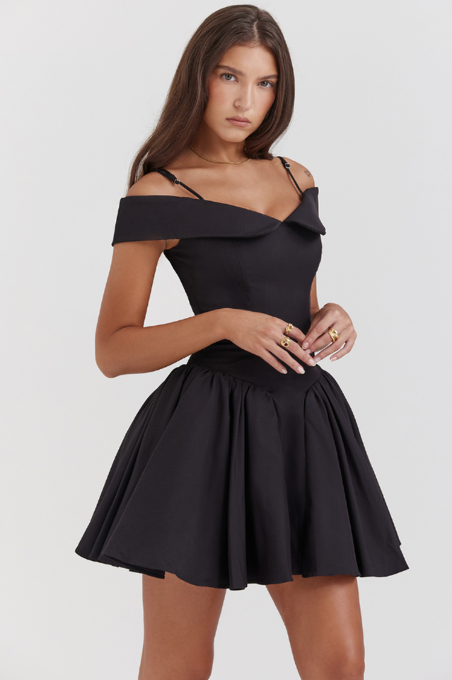 Off Shoulder Fold Over Collar Spaghetti Strap Pleated Fit and Flare Mini Dress