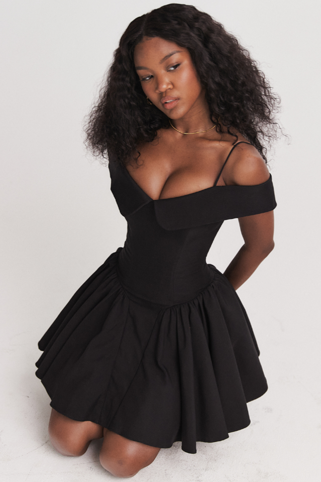 Off Shoulder Fold Over Collar Spaghetti Strap Pleated Fit and Flare Mini Dress
