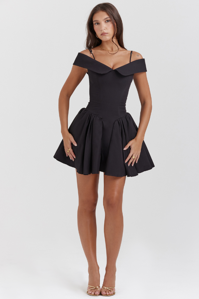 Off Shoulder Fold Over Collar Spaghetti Strap Pleated Fit and Flare Mini Dress