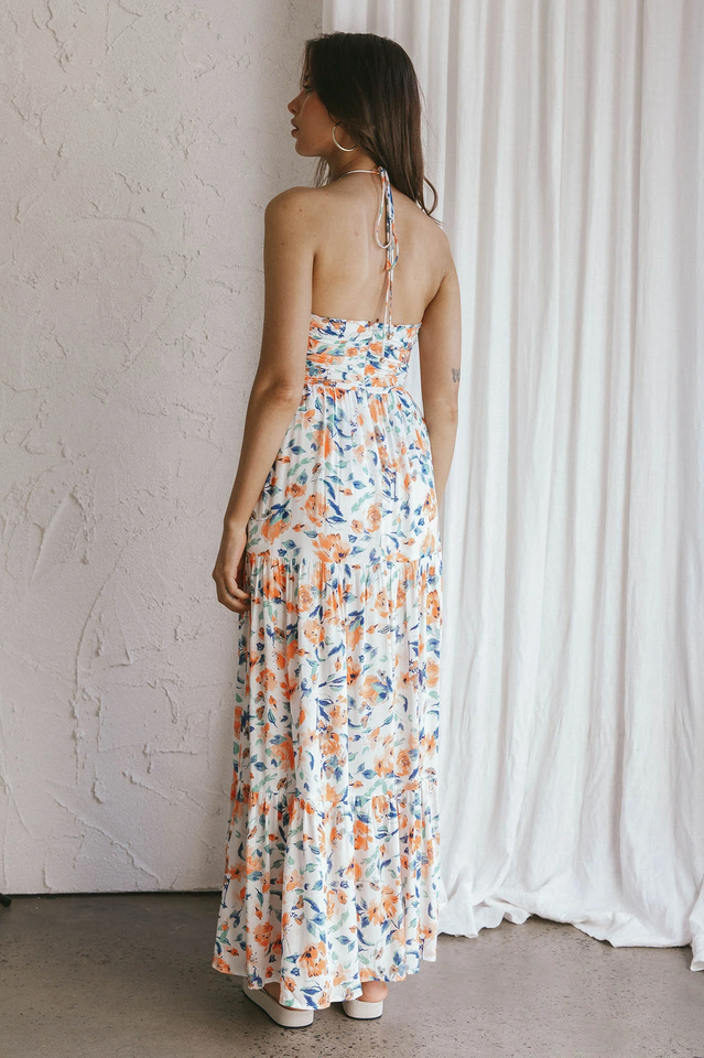 Halter V-Neck Ruched Empire Waist Tiered Floral Print Maxi Dress