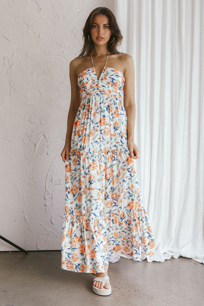 Halter V-Neck Ruched Empire Waist Tiered Floral Print Maxi Dress