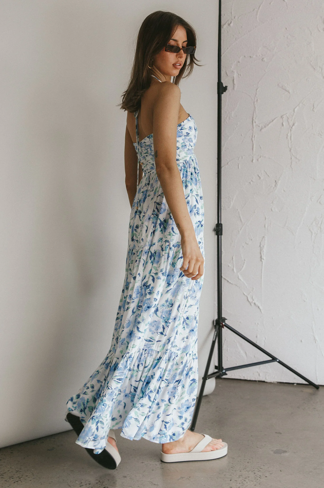 Halter V-Neck Ruched Empire Waist Tiered Floral Print Maxi Dress