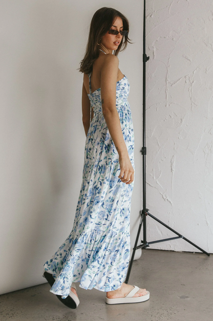 Halter V-Neck Ruched Empire Waist Tiered Floral Print Maxi Dress