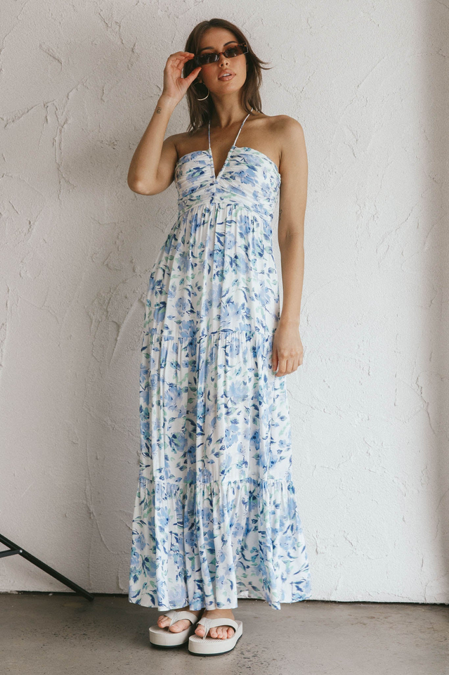 Halter V-Neck Ruched Empire Waist Tiered Floral Print Maxi Dress