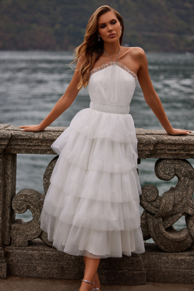 Swiss Dot Tiered Ruffle Strapless Midi Dress