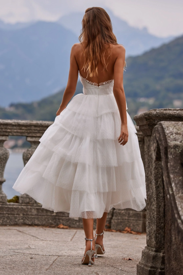 Swiss Dot Tiered Ruffle Strapless Midi Dress