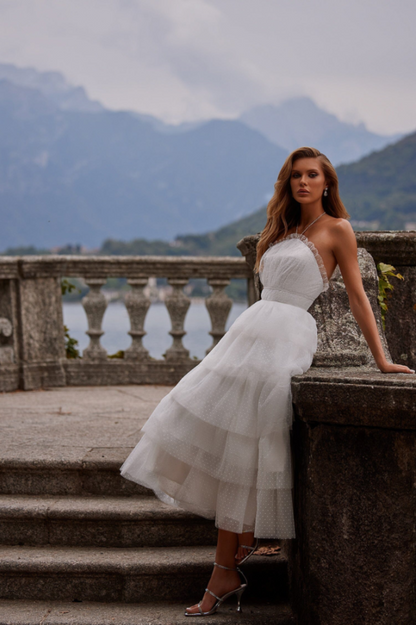 Swiss Dot Tiered Ruffle Strapless Midi Dress