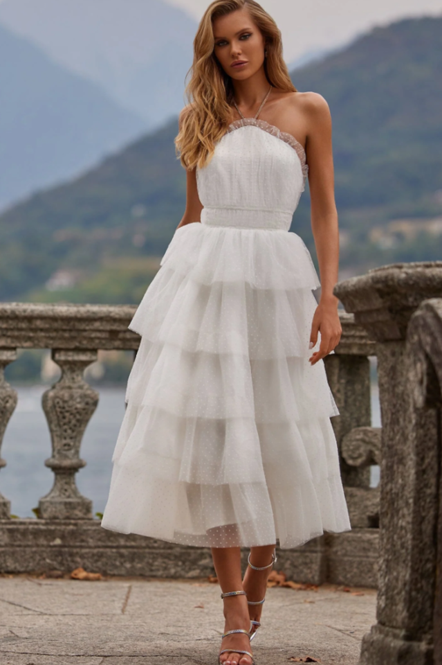 Swiss Dot Tiered Ruffle Strapless Midi Dress