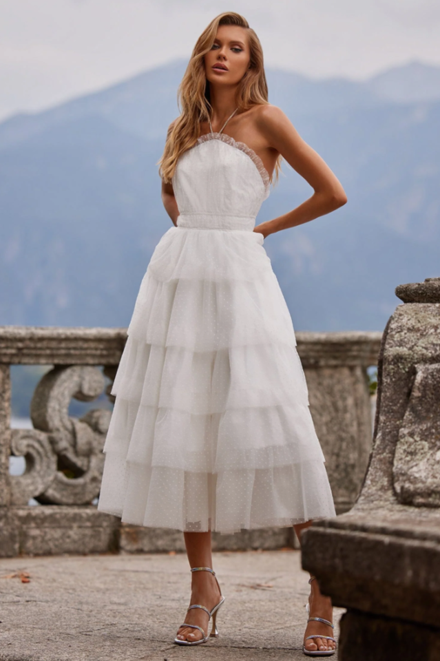 Swiss Dot Tiered Ruffle Strapless Midi Dress