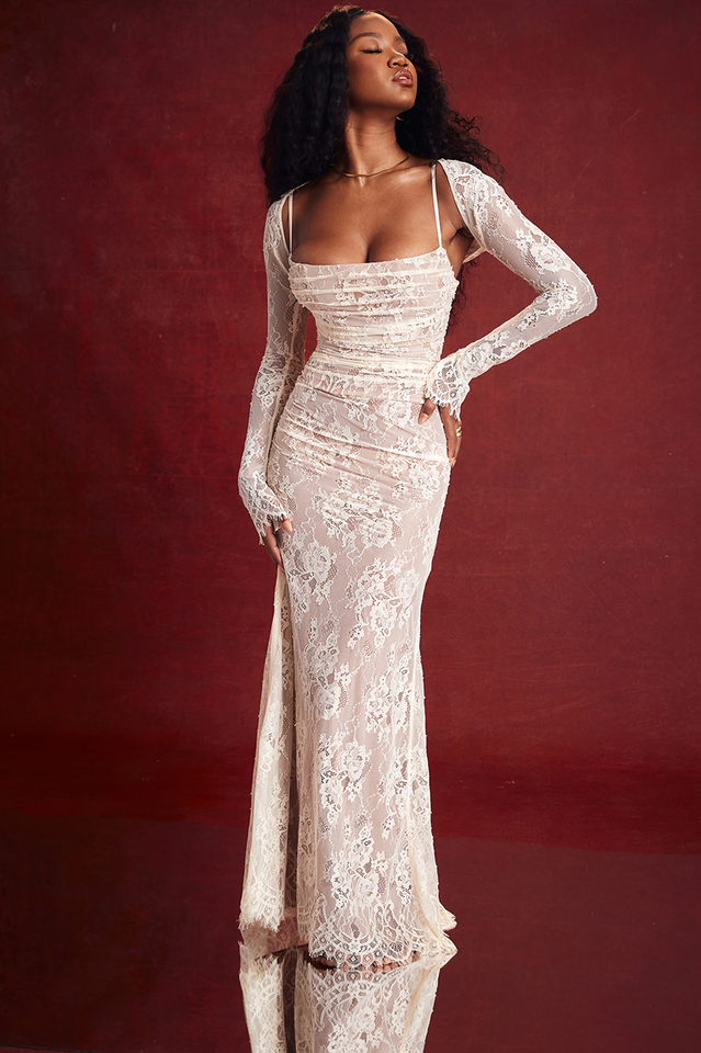 Square Neck Spaghetti Strap Floral Lace Scalloped Hem Maxi Dress with Long Sleeve Bolero