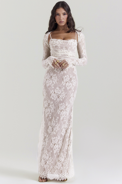 Square Neck Spaghetti Strap Floral Lace Scalloped Hem Maxi Dress with Long Sleeve Bolero