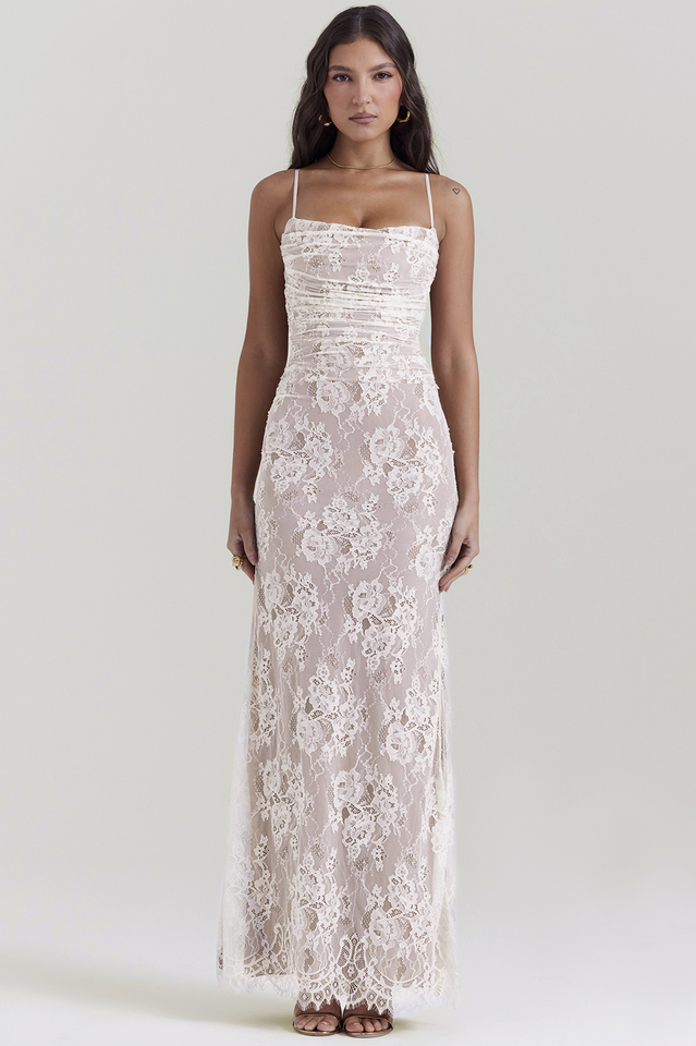 Square Neck Spaghetti Strap Floral Lace Scalloped Hem Maxi Dress with Long Sleeve Bolero