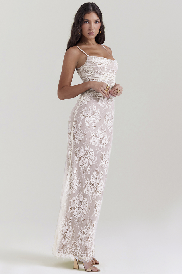 Square Neck Spaghetti Strap Floral Lace Scalloped Hem Maxi Dress with Long Sleeve Bolero