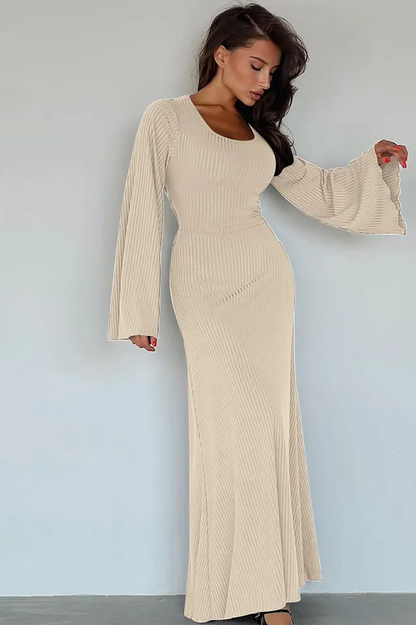 Ribbed Knit Scoop Neck Bell Sleeve Bodycon Maxi Dress