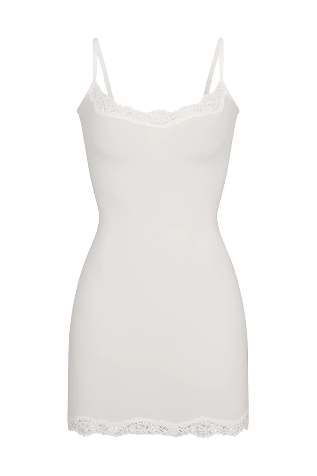 Scoop Neck Lace Trim Spaghetti Strap Bodycon Slip Mini Dress