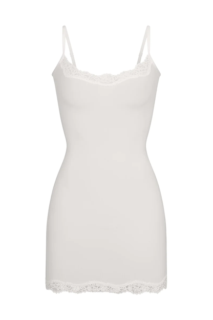 Scoop Neck Lace Trim Spaghetti Strap Bodycon Slip Mini Dress