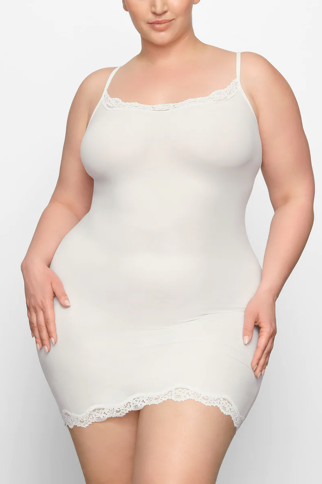 Scoop Neck Lace Trim Spaghetti Strap Bodycon Slip Mini Dress