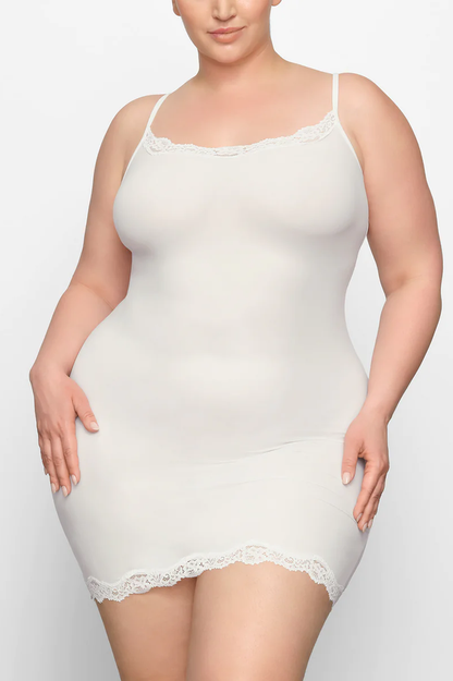 Scoop Neck Lace Trim Spaghetti Strap Bodycon Slip Mini Dress