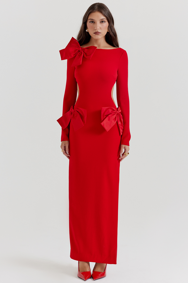 Boat Neck Long Sleeve Shoulder Bow Side Cutout Hip Bow Column Maxi Gown