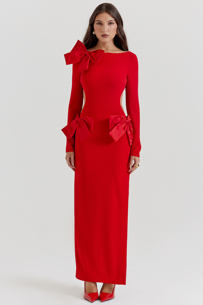 Boat Neck Long Sleeve Shoulder Bow Side Cutout Hip Bow Column Maxi Gown
