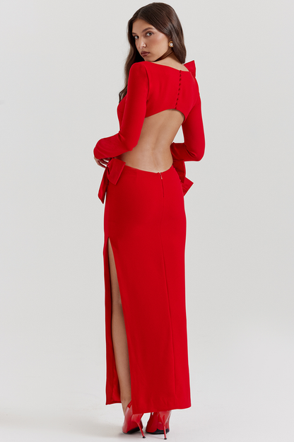 Boat Neck Long Sleeve Shoulder Bow Side Cutout Hip Bow Column Maxi Gown