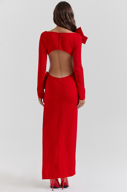 Boat Neck Long Sleeve Shoulder Bow Side Cutout Hip Bow Column Maxi Gown