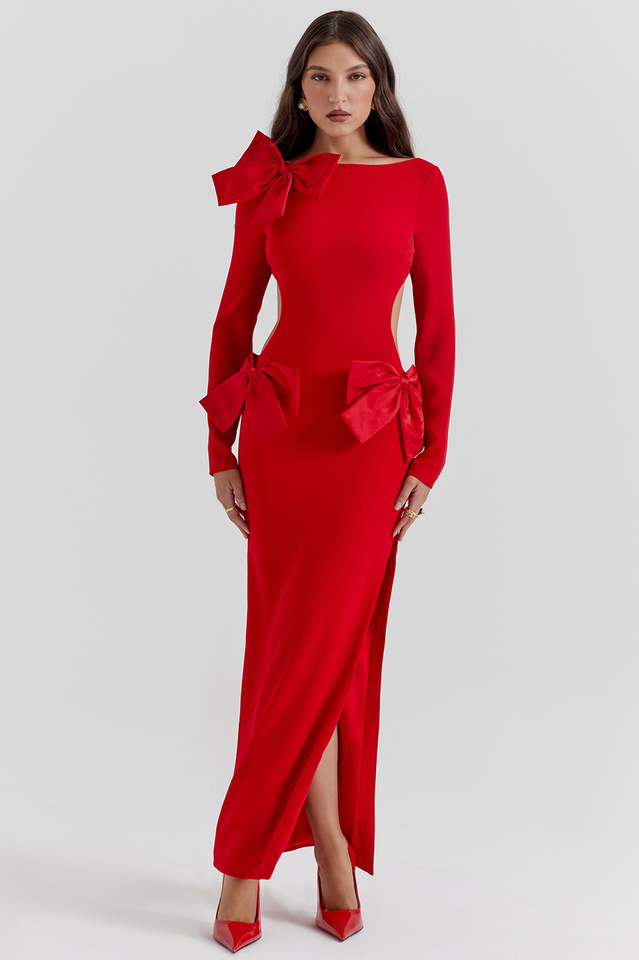 Boat Neck Long Sleeve Shoulder Bow Side Cutout Hip Bow Column Maxi Gown