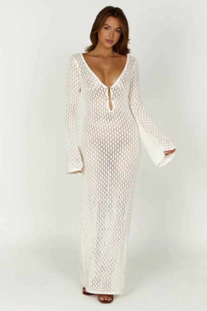 Crochet Knit Deep V-Neck Ring Detail Bell Sleeve Bodycon Maxi Dress