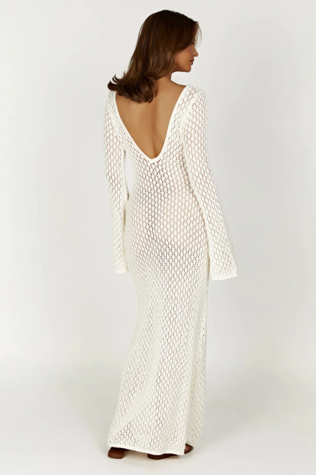 Crochet Knit Deep V-Neck Ring Detail Bell Sleeve Bodycon Maxi Dress