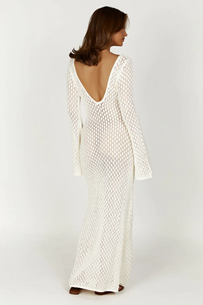 Crochet Knit Deep V-Neck Ring Detail Bell Sleeve Bodycon Maxi Dress