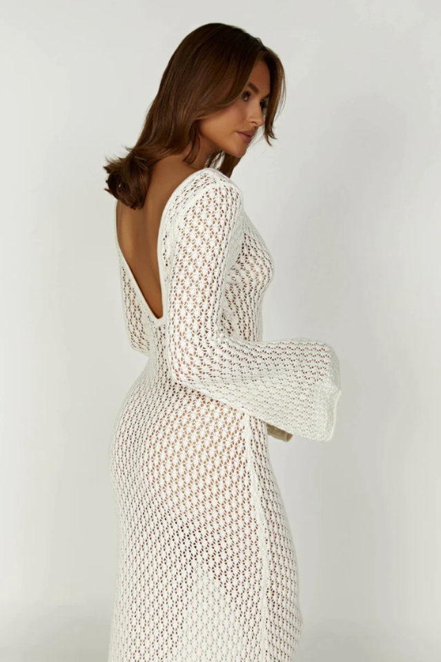 Crochet Knit Deep V-Neck Ring Detail Bell Sleeve Bodycon Maxi Dress