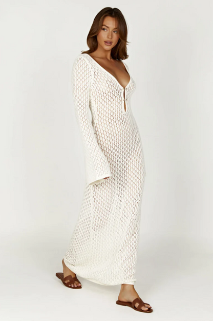 Crochet Knit Deep V-Neck Ring Detail Bell Sleeve Bodycon Maxi Dress