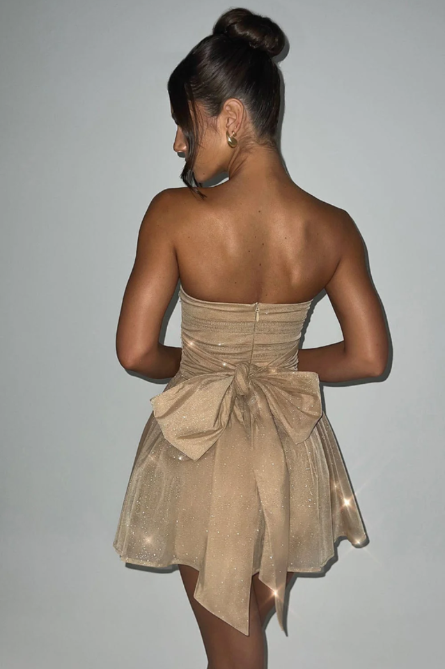 Strapless Ruched Bodice Oversized Bow Back Pleated Glitter Mini Dress