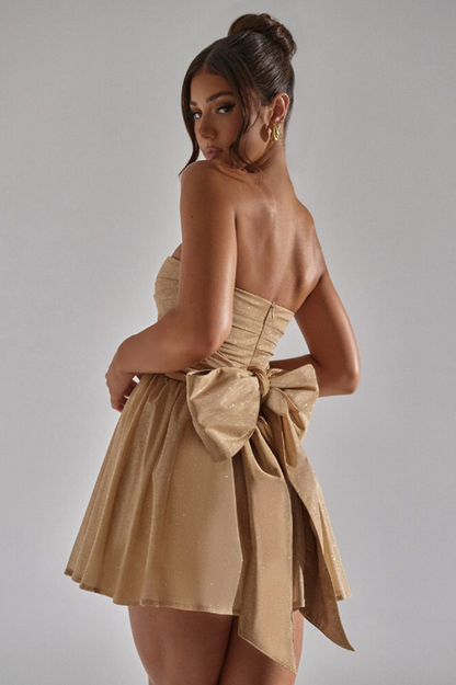 Strapless Ruched Bodice Oversized Bow Back Pleated Glitter Mini Dress