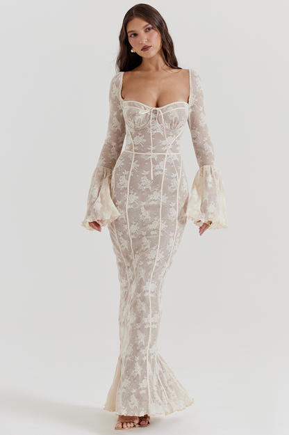 Floral Lace Sweetheart Bow Corset Bell Sleeve Mermaid Maxi Gown