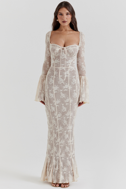 Floral Lace Sweetheart Bow Corset Bell Sleeve Mermaid Maxi Gown