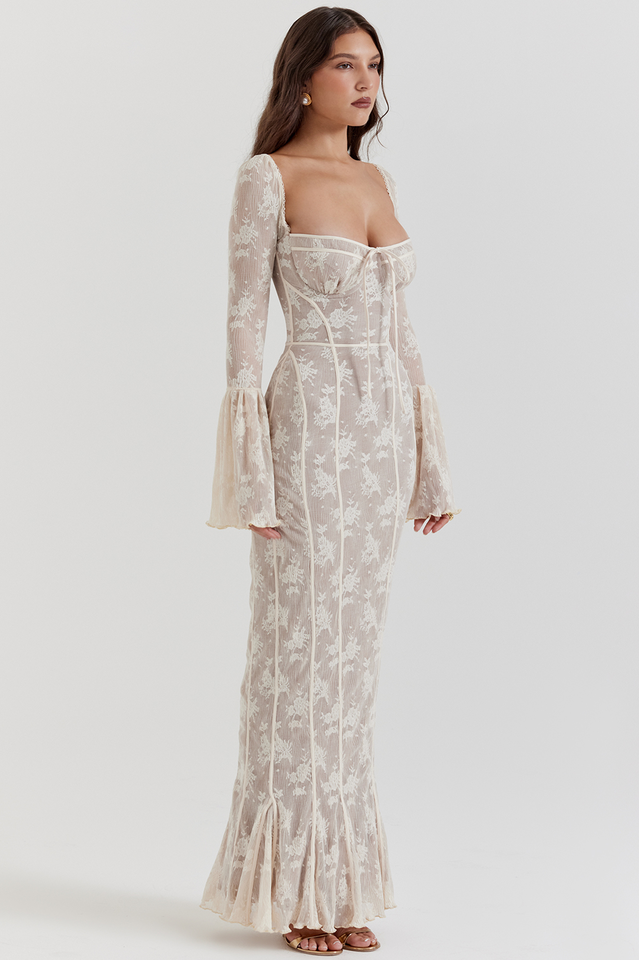 Floral Lace Sweetheart Bow Corset Bell Sleeve Mermaid Maxi Gown
