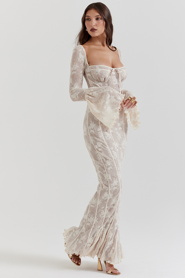 Floral Lace Sweetheart Bow Corset Bell Sleeve Mermaid Maxi Gown
