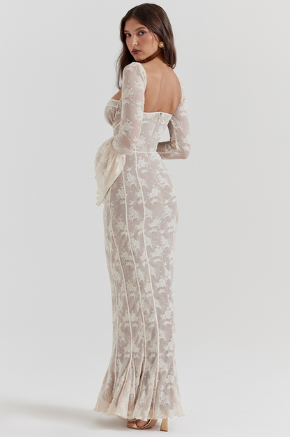 Floral Lace Sweetheart Bow Corset Bell Sleeve Mermaid Maxi Gown