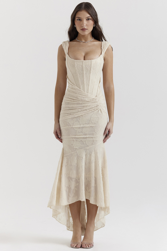 Floral Jacquard Corset Off Shoulder Ruched High Low Trumpet Maxi Gown