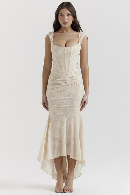 Floral Jacquard Corset Off Shoulder Ruched High Low Trumpet Maxi Gown