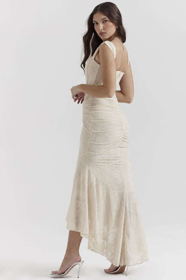 Floral Burnout Lace Corset Bodice Ruched Wrap High-Low Mermaid Midi Dress